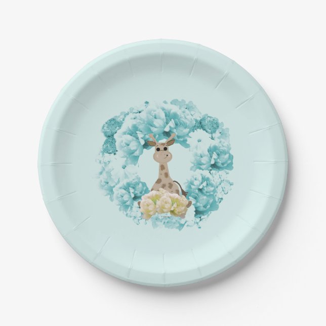 Giraffe Aqua Floral Wreath Paper Plates (Front)