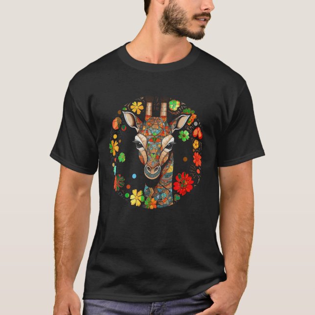 Giraffe Artwork Colourful Flowers Animals Zoo Gira T-Shirt (Front)