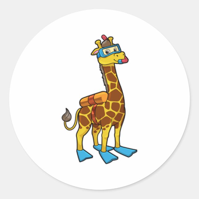 Giraffe as Diver with Swimming goggles & Flippers Classic Round Sticker (Front)