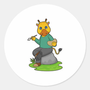 Giraffe as Painter with Paint brush Classic Round Sticker