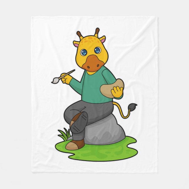 Giraffe as Painter with Paint brush Fleece Blanket (Front)