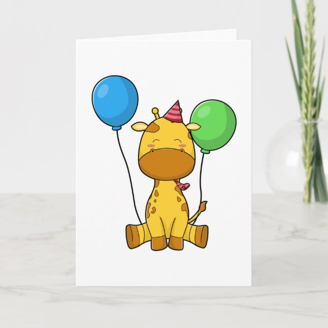 Giraffe at Birthday with Balloons Card (Front)