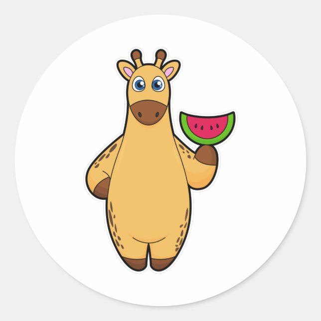 Giraffe at Eating with Watermelon Classic Round Sticker (Front)