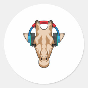 Giraffe at Music with Headphone Classic Round Sticker