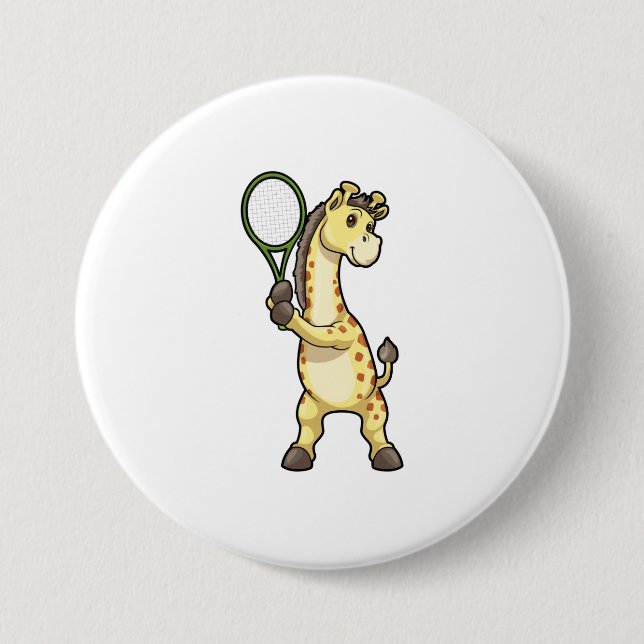 Giraffe at Tennis with Tennis racket 7.5 Cm Round Badge (Front)