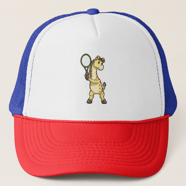 Giraffe at Tennis with Tennis racket Trucker Hat (Front)