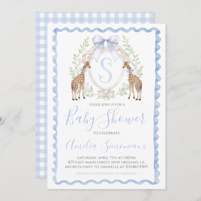 Giraffe Baby Boy Shower Preppy Gingham Blue Invitation (Front/Back)