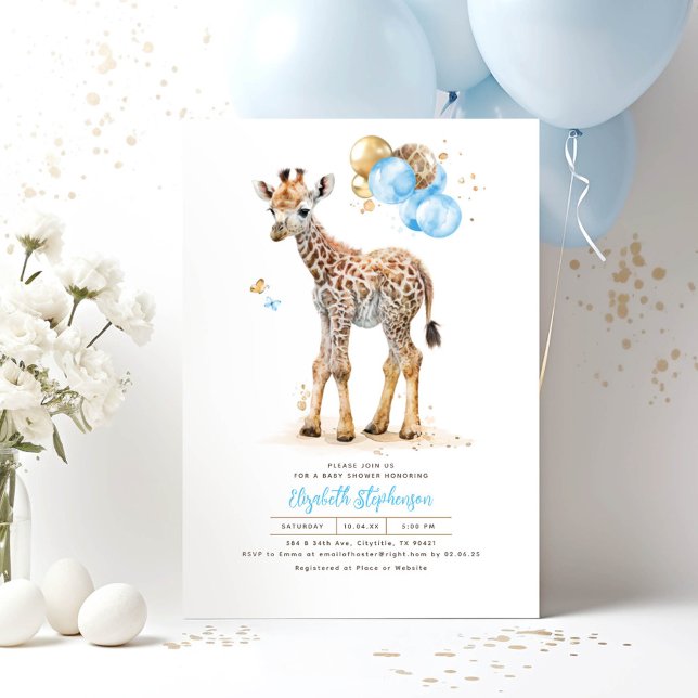 Giraffe Baby Cute Brown and Blue Baby Shower Invitation (Giraffe Boy Baby Shower Invitations)