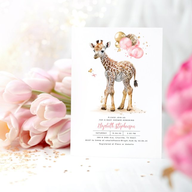 Giraffe Baby Cute Pink Brown Gold Girl Baby Shower Invitation (Giraffe Baby Shower Invitations)