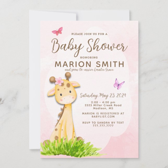 Giraffe Baby Girl Shower Watercolor Invitation (Front)