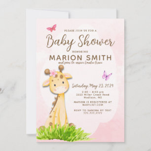 Giraffe Baby Girl Shower Watercolor Invitation