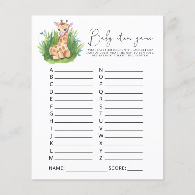 Giraffe Baby Item Game. Baby Shower Game (Front)