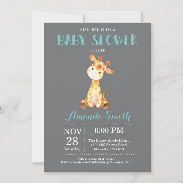 Giraffe Baby Shower Invitation Aqua and Grey (Front)
