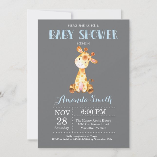 Giraffe Baby Shower Invitation Blue and Grey (Front)