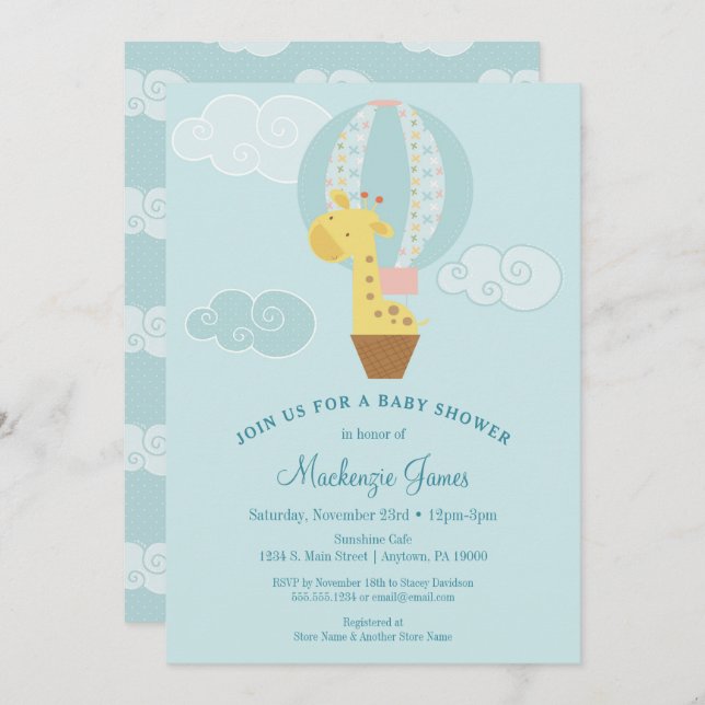Giraffe Baby Shower Invitation Blue Boy Balloon (Front/Back)