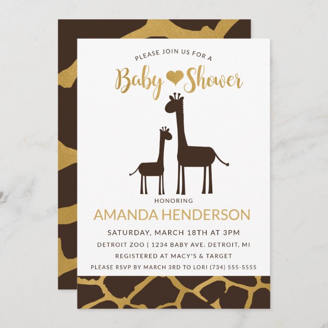 Giraffe Baby Shower Invitation Brown & Gold (Front/Back)