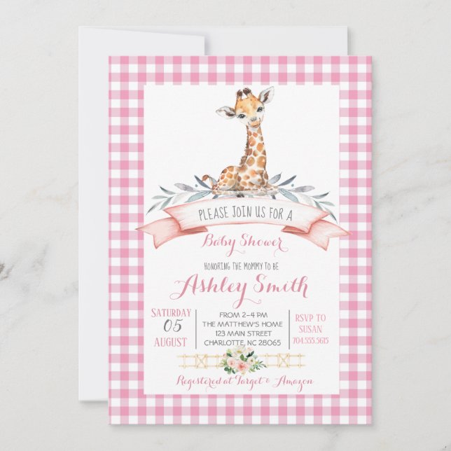 Giraffe baby shower invitation pink girl (Front)