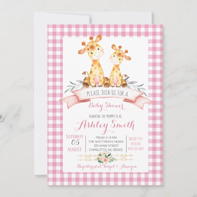Giraffe baby shower invitation pink girl (Front)