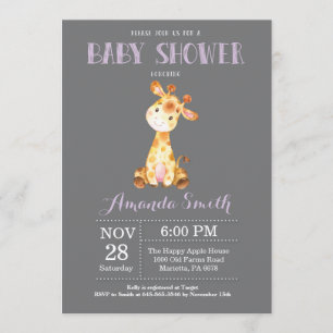 Giraffe Baby Shower Invitation Purple and Grey