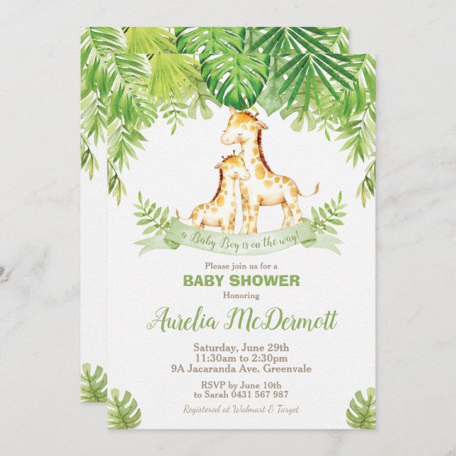 Giraffe Baby Shower Jungle Animals Baby Boy Green Invitation (Front/Back)
