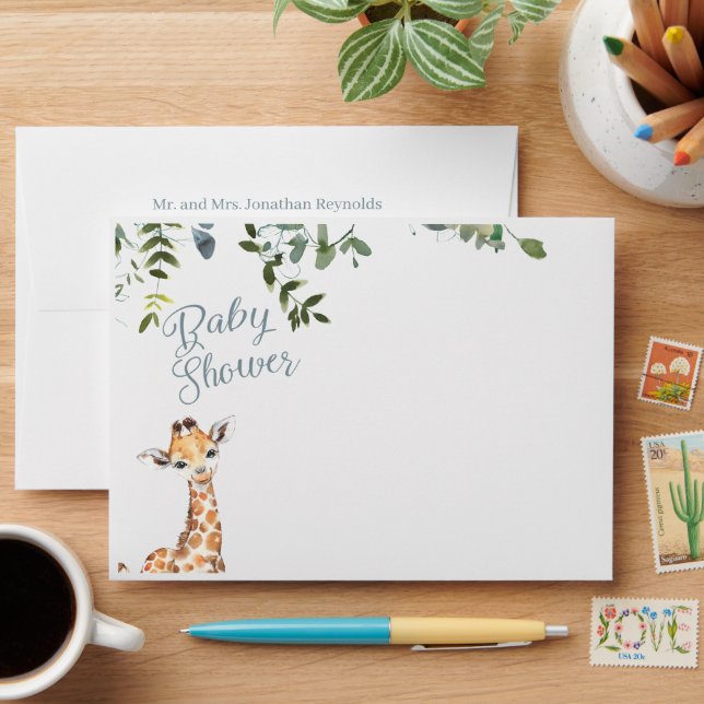 Giraffe Baby Shower Return Address Envelope (Desk)