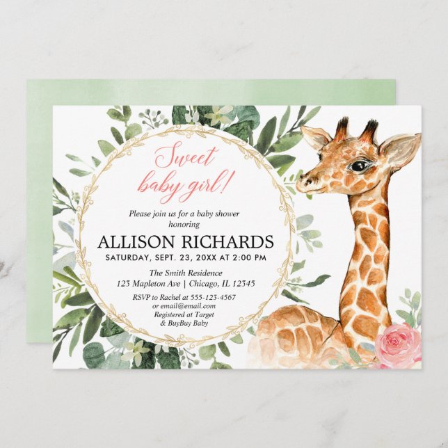 Giraffe baby shower, Sweet baby girl jungle theme Invitation (Front/Back)