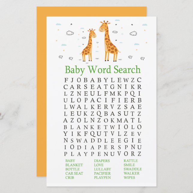Giraffe Baby Shower Word Search Game (Front/Back)