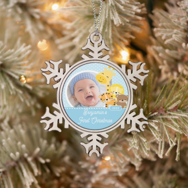 Giraffe Baby's First Christmas Photo Snowflake Pewter Christmas Ornament (Tree)
