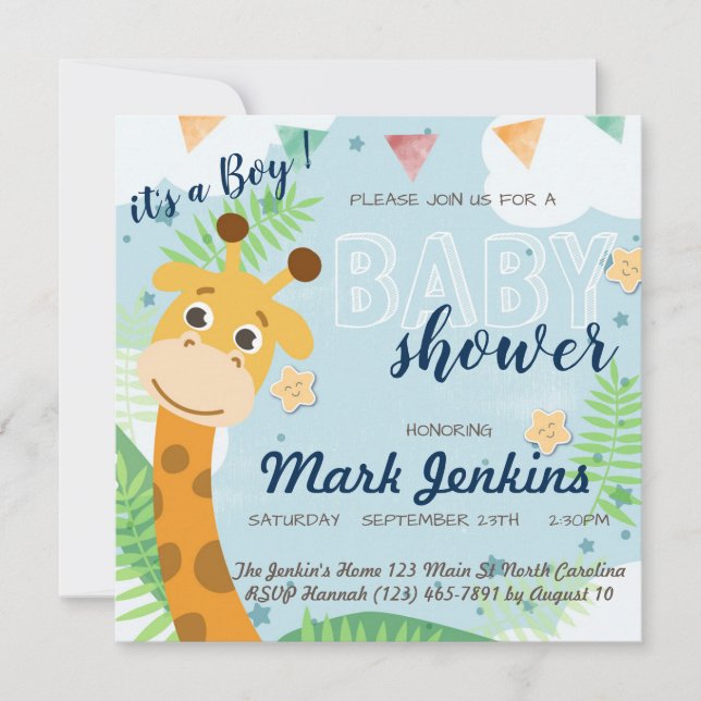 Giraffe beautiful fun Baby Boy Shower Invitation (Front)