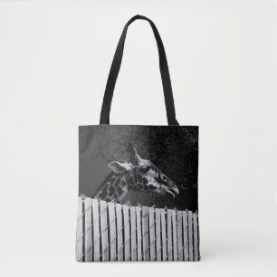 Giraffe behind Fence Black & White Photograph Tote Bag