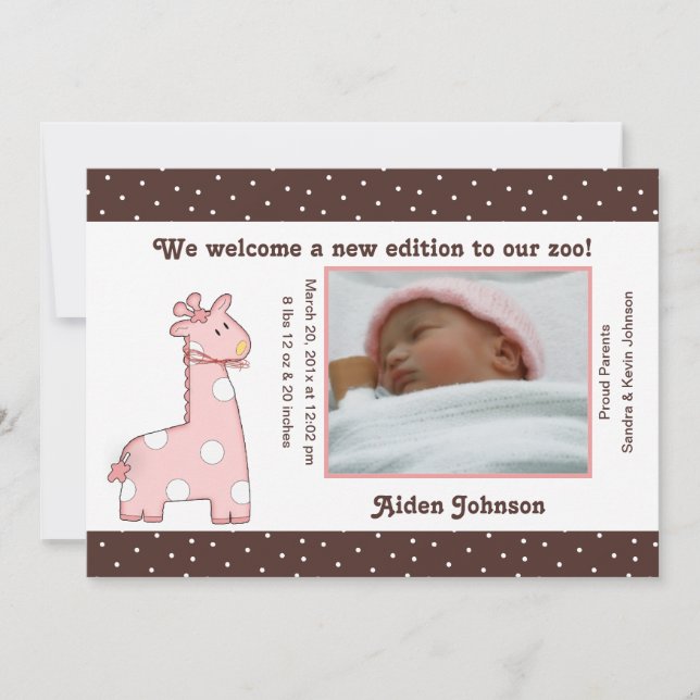 Giraffe Birth Announcement (Pink) (Front)