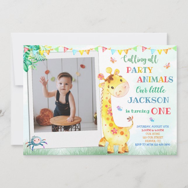 Giraffe birthday invitation Photo safari invite (Front)