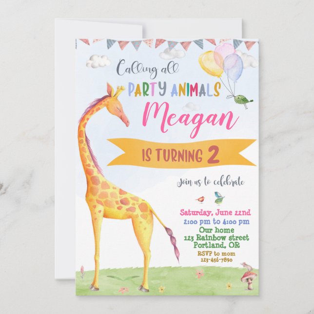 Giraffe birthday invitation Safari jungle party (Front)
