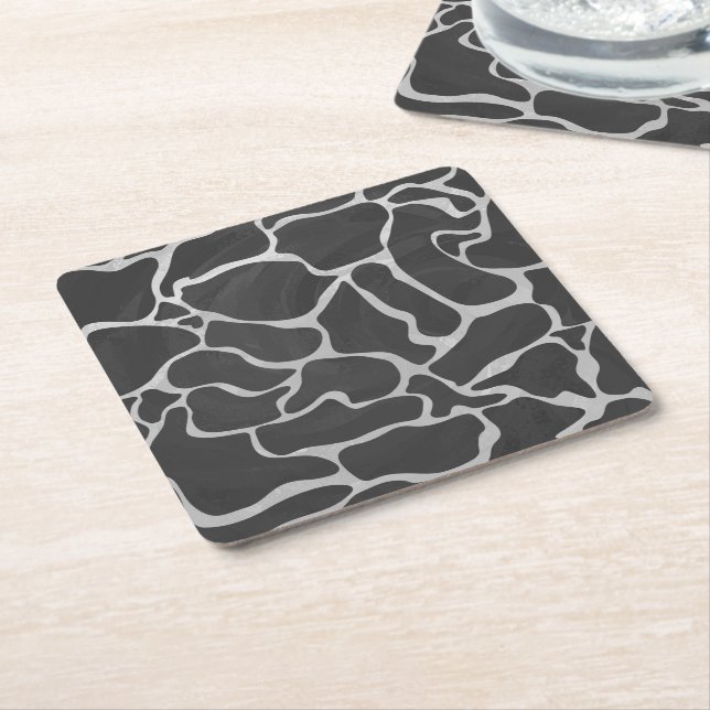 Giraffe Black and Light Grey Print Square Paper Coaster (Angled)