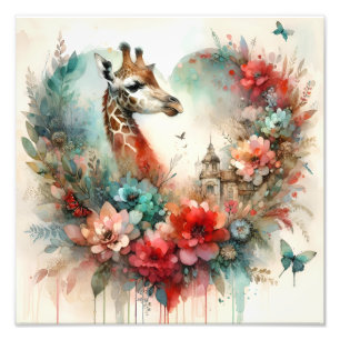 Giraffe Bloomscape Watercolor Floral Safari  Photo Print