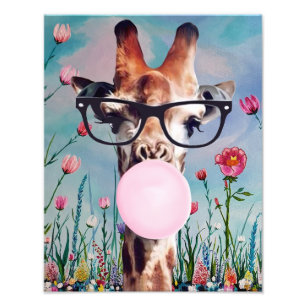 Giraffe Blowing Gum Spring Garden Background Photo Print