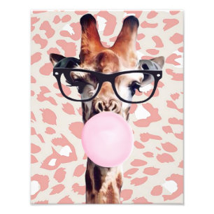 Giraffe Blowing Gum with animal print background