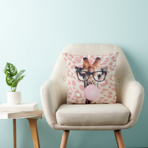 Giraffe Blowing Gum with animal print background Cushion