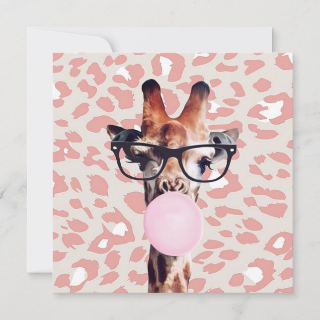 Giraffe Blowing Gum with animal print background Thank You Card (Front)
