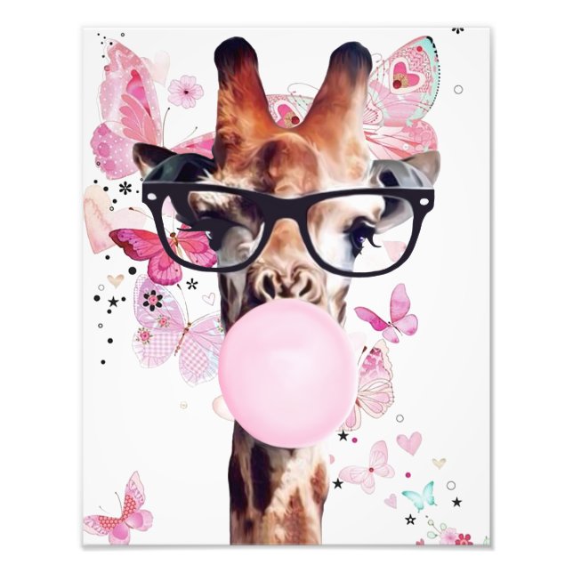 Giraffe Blowing Gum with butterfly background Photo Print (Front)