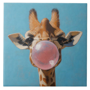 Giraffe Blowing Pink Bubblegum Bubble Ceramic Tile