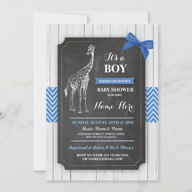 Giraffe Blue Baby Shower Party Boy Wood Invite (Front)
