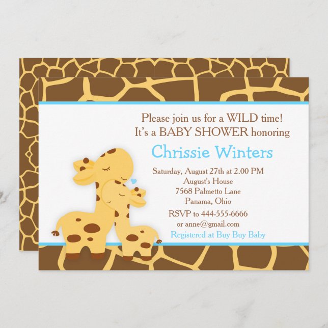 Giraffe Blue Boy Baby Shower Invitation (Front/Back)