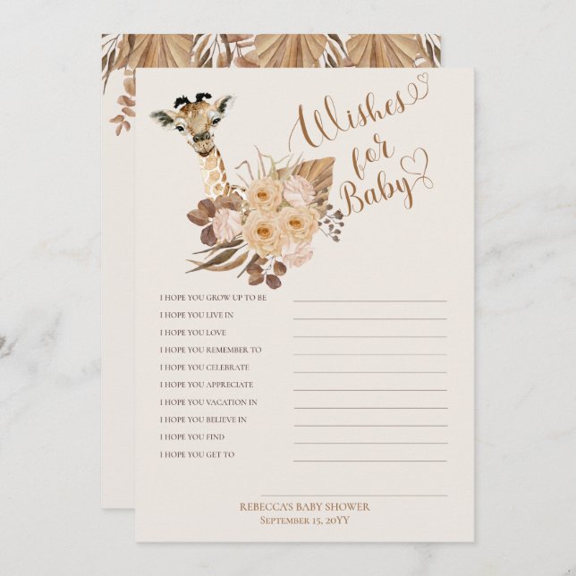 Giraffe Boho Grasses Baby Shower Wishes for Baby Invitation (Front/Back)