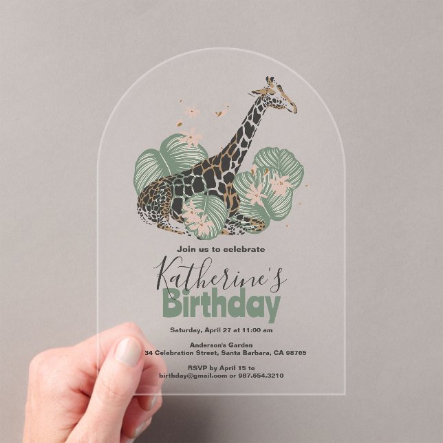 Giraffe Botanical Greenery Animal Birthday Party  Acrylic Invitations (Insitu (Handheld))