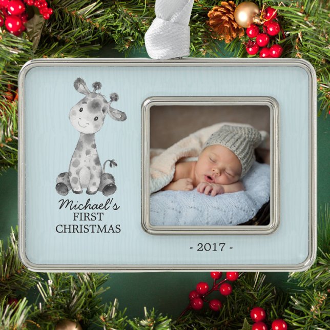 Giraffe Boys Baby's First Christmas Photo Ornament (Creator Uploaded)