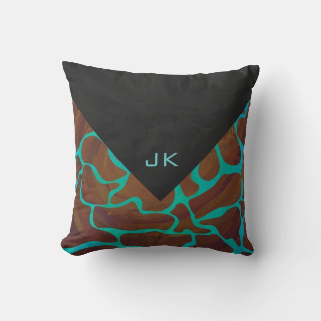 Giraffe Brown and Teal Print Cushion (Front)