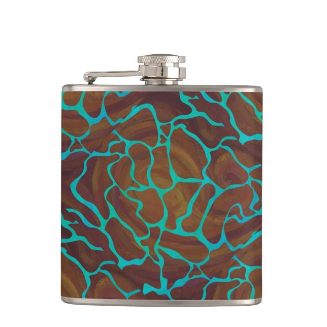 Giraffe Brown and Teal Print Hip Flask (Front)
