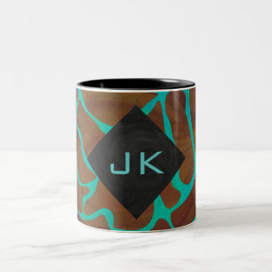 Giraffe Brown and Teal Print Two-Tone Coffee Mug