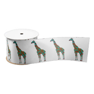 Giraffe Brown and Teal Silhouette Satin Ribbon